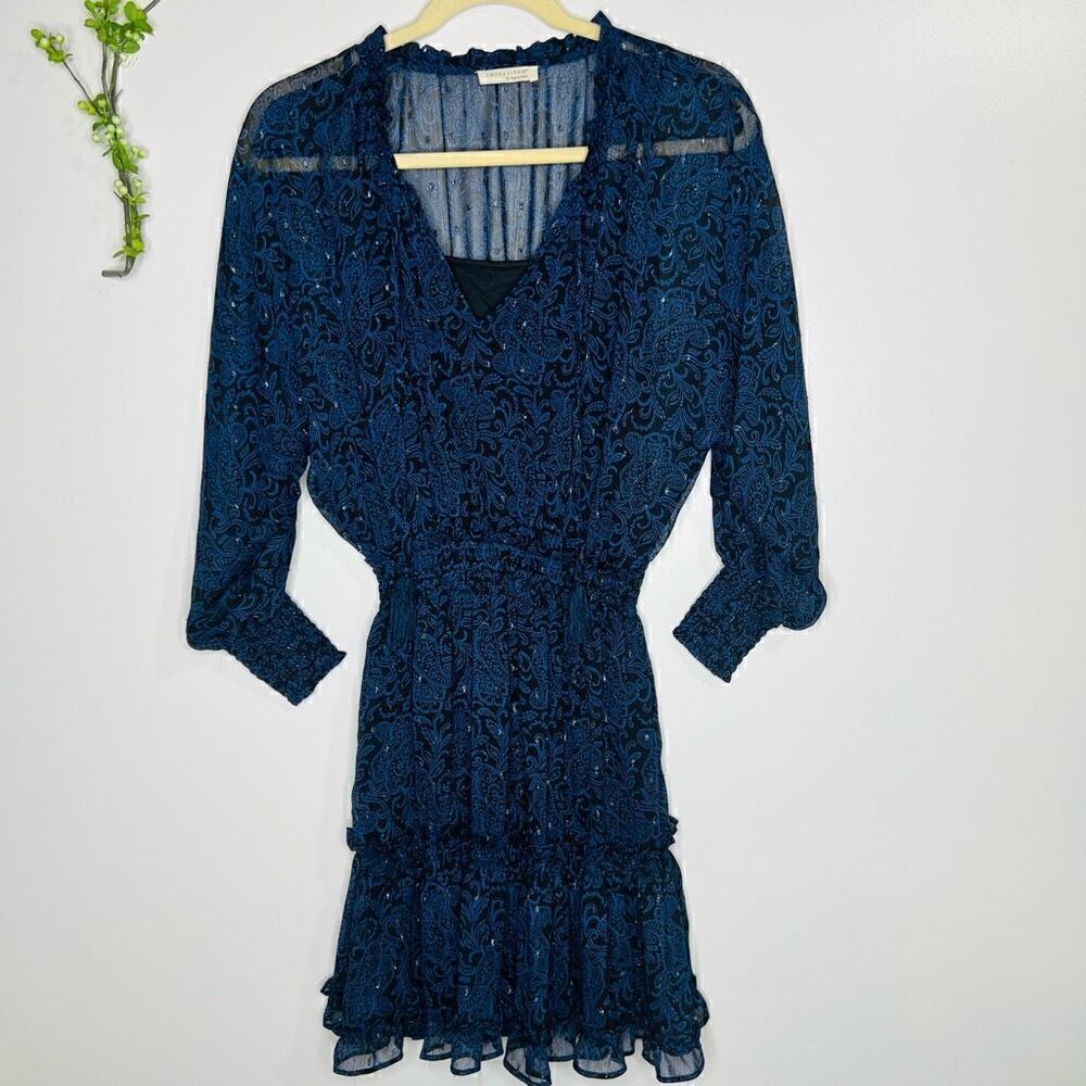 Love Stitch Navy Blue Black Paisley Boho Sheer Overlay Dress